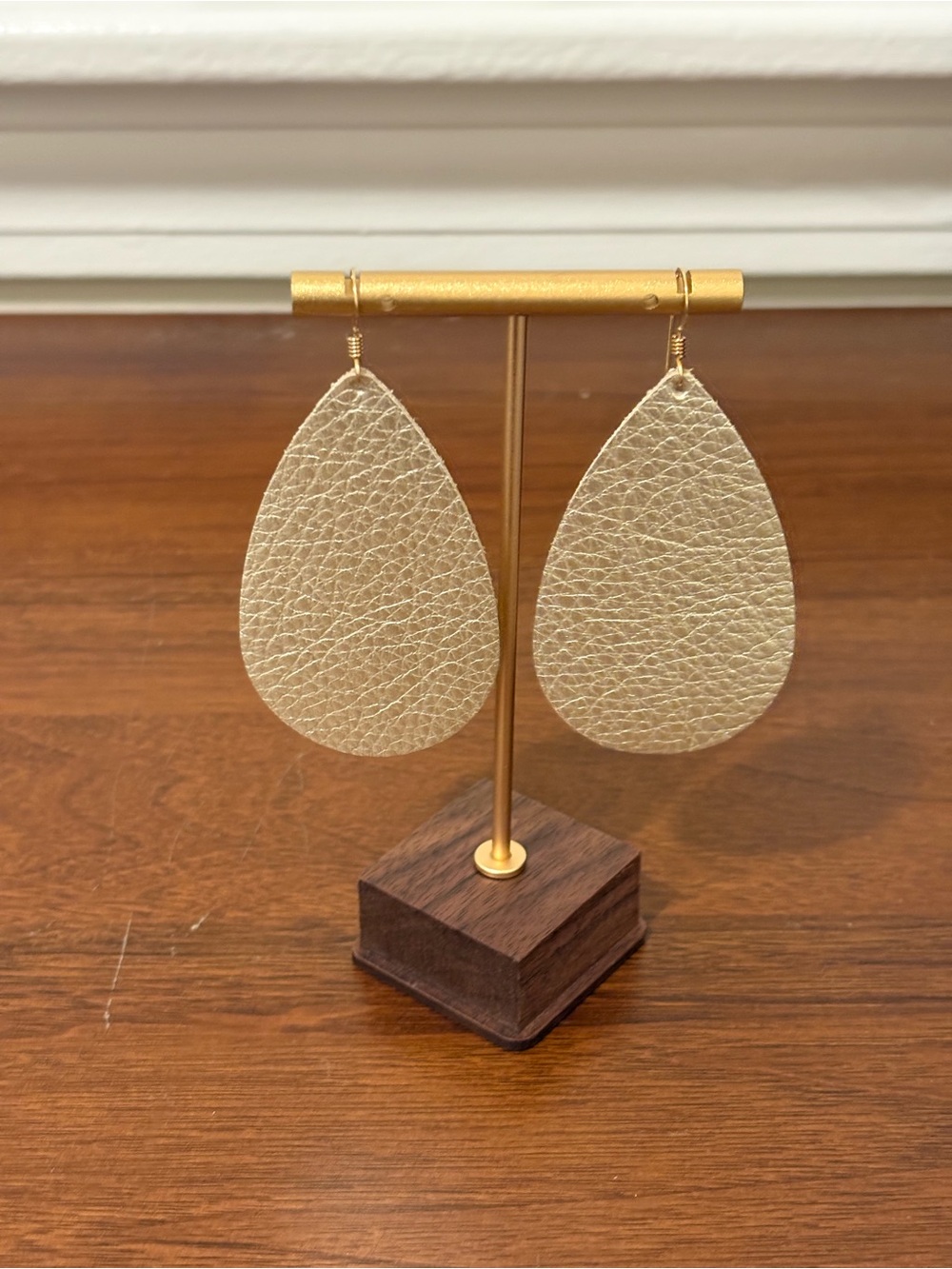 Teardrop Metallic champagne Leather Earrings